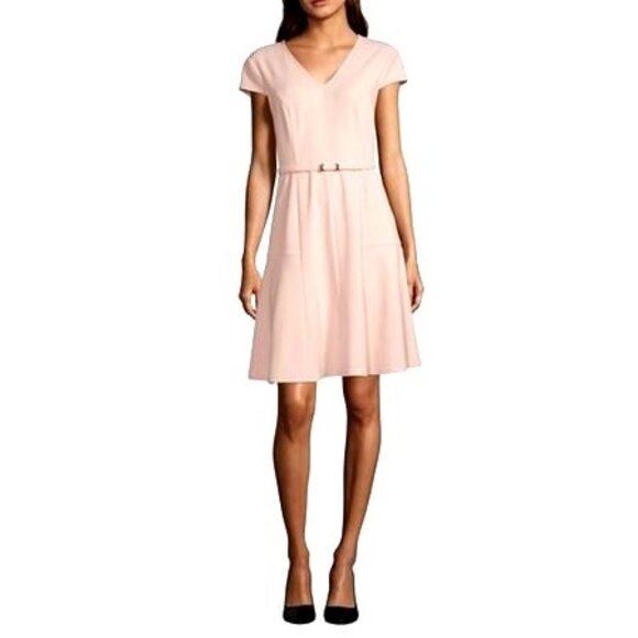 Liz Claiborne Womens Pink Short-Sleeve V-Neck Belted A-Line Dress Size 8 - Picture 1 of 14